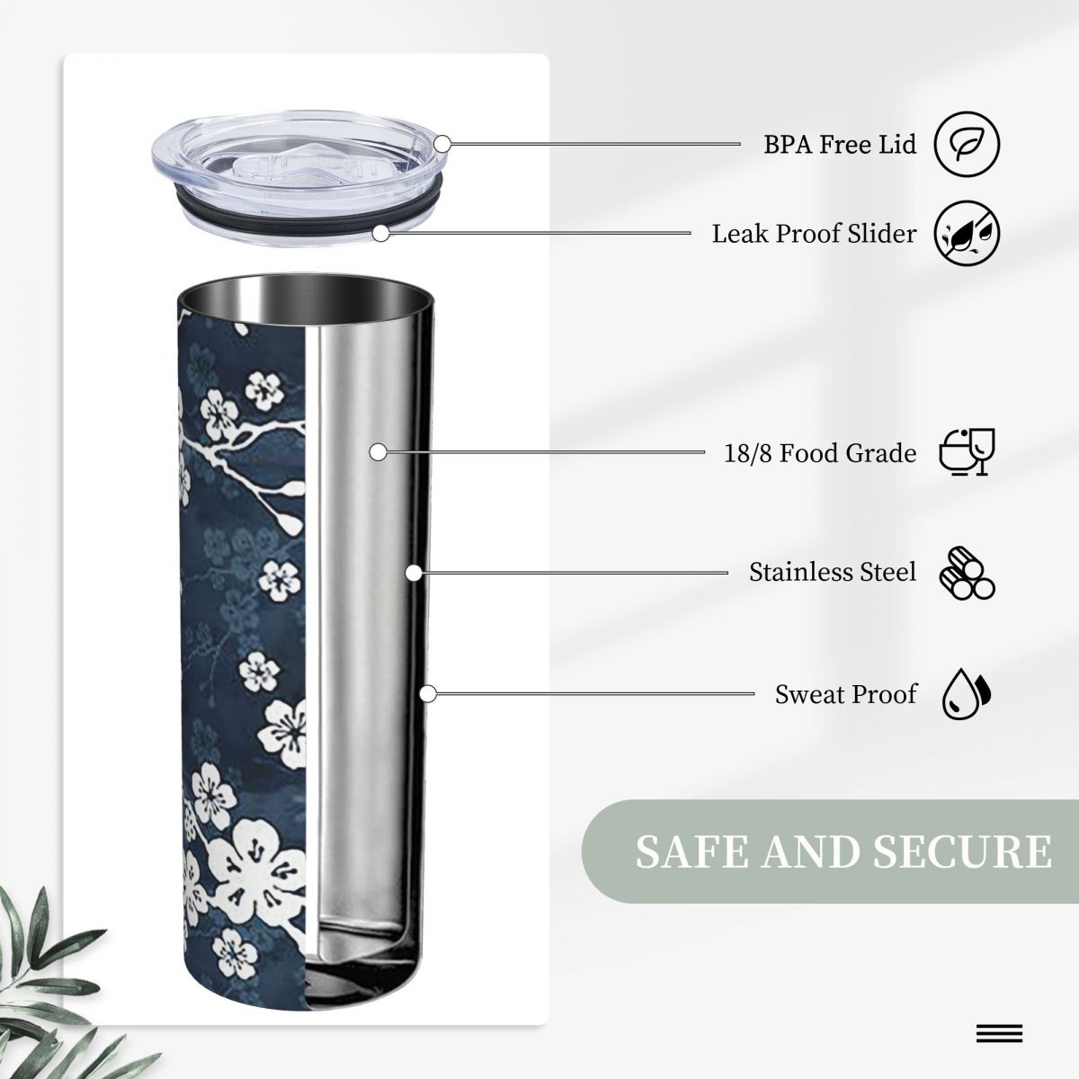 Navy And White Cherry Blossom  - đánh giá và giá Tumbler 20Oz White